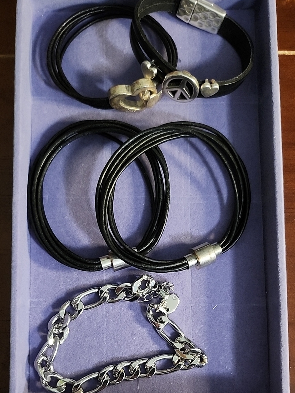 Women's Black Leather Bracelet Set with Silver Accents